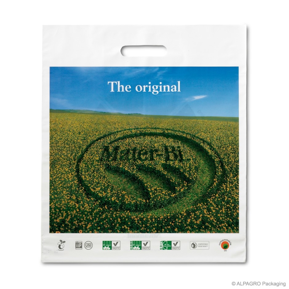 Patch handle carrier bag 'Mater-Bi', bioplastic, white coloured, 60µ, 39 x 45 + 5 cm